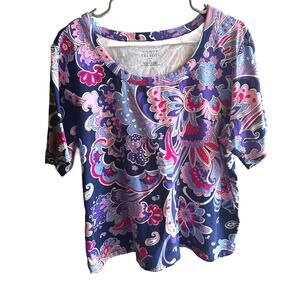 Talbots Blue Boxy Short Sleeve retro floral boho psychedelic shirt 2xl artsy